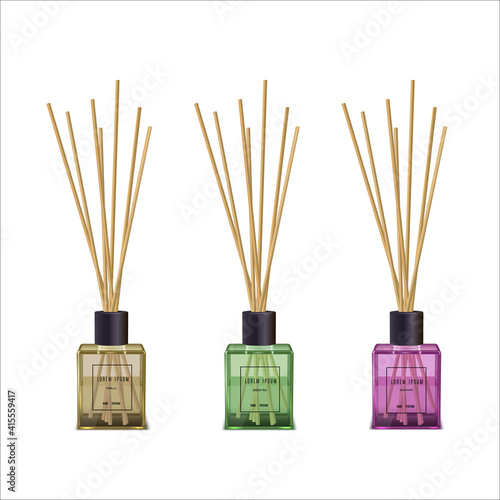 Aroma diffuser glass, transparent plastic realistic set. Aromatherapy evaporative tools.