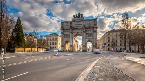 The Siegestor Victory Arch in Munich City time lapse Hyperlapse Video in 4K, Munich Bavaria, Germany. Munich traffic street cars urban scene.