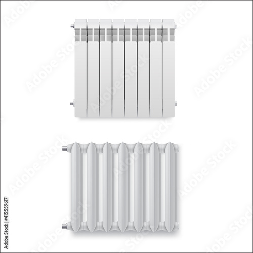 Radiators different types realistic set. Heating system parts. Heater. Modern equipment.