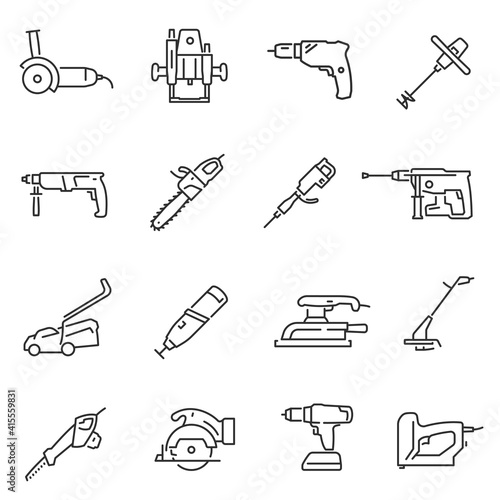 Power tools thin line icons set isolated on white. Carpentry, joinering, woodwork equipment.