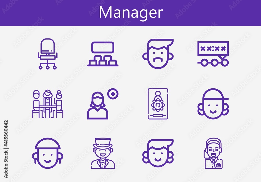 Premium set of manager line icons. Simple manager icon pack. Stroke vector illustration on a white background. Modern outline style icons collection of Operator, Add user, Group, Chair, Deadline Premium set of manager line icons. Simple manager icon pack. Stroke vector illustration on a white background. Modern outline style icons collection of Operator, Add user, Group, Chair, Deadline