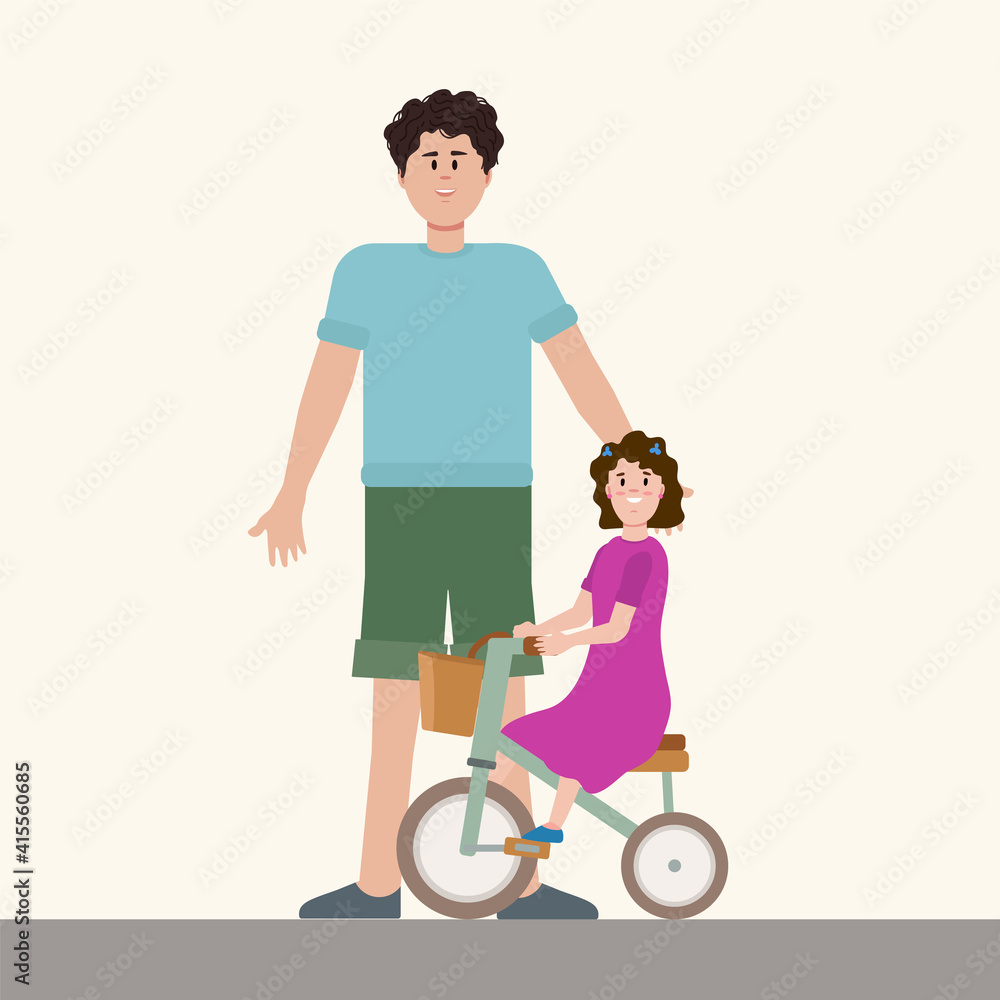 Dad teaches his daughter to ride a bike. Illustration of a parent teaching a child. Vector picture of a girl on a bicycle. Vector illustration