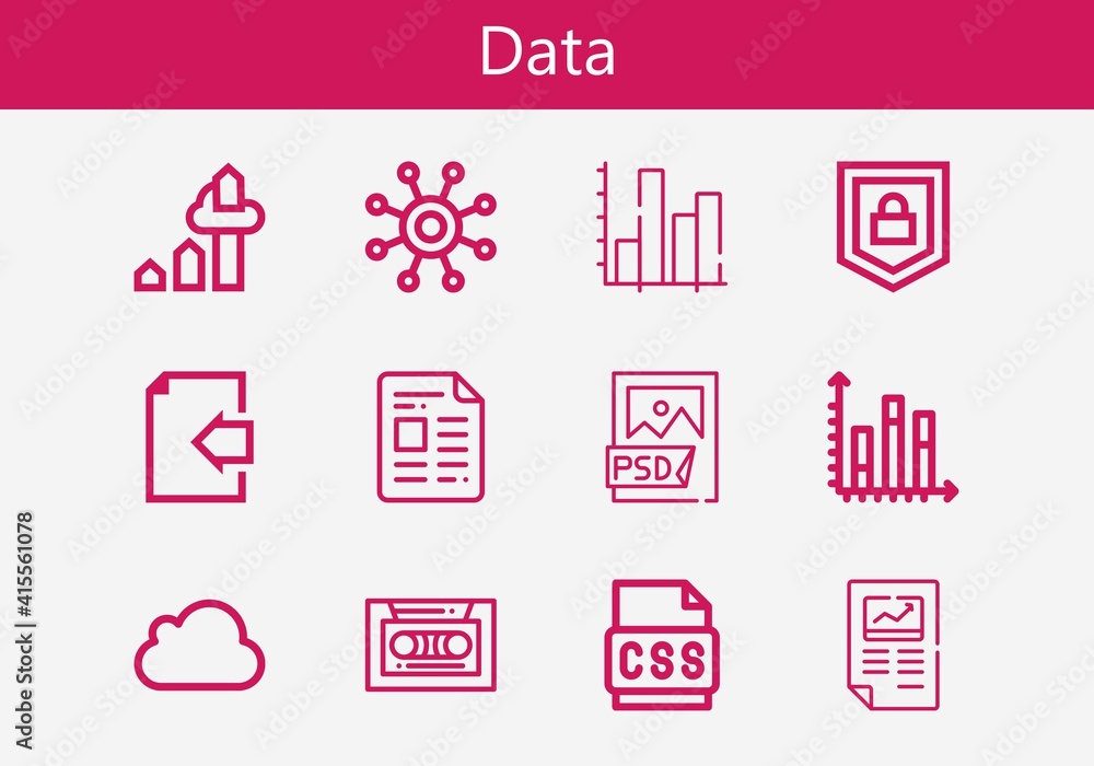 Premium set of data line icons. Simple data icon pack. Stroke vector illustration on a white background. Modern outline style icons collection of Css, Cassette, Network, Stats, Psd file, Icloud Premium set of data line icons. Simple data icon pack. Stroke vector illustration on a white background. Modern outline style icons collection of Css, Cassette, Network, Stats, Psd file, Icloud