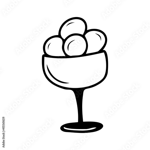 Hand drawn glass bowl with a ball of ice cream isolated on a white background. Celebration elements. Doodle, simple outline illustration. It can be used for decoration of textile, paper.