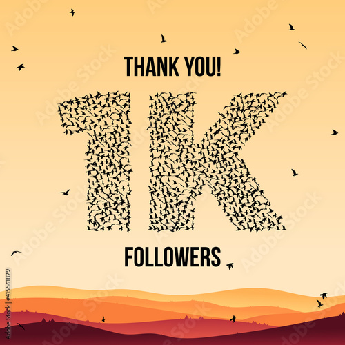 Thank you, 1k or one thousand followers celebration design. Large group of birds silhouette form to create a shape 1k. Vector illustration.