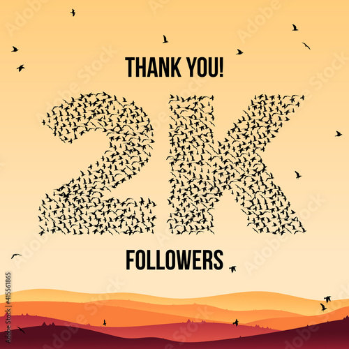 Thank you, 2k or two thousand followers celebration design. Large group of birds silhouette form to create a shape 2k. Vector illustration.