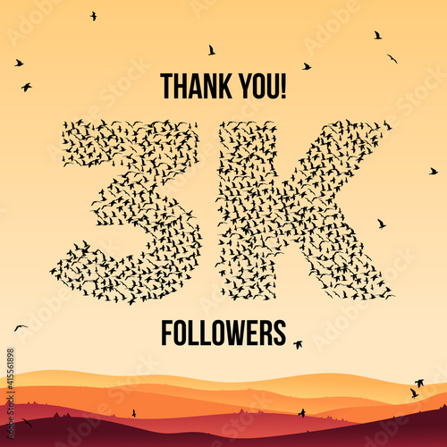 Thank you, 3k or three thousand followers celebration design. Large group of birds silhouette form to create a shape 3k. Vector illustration.