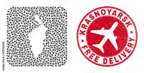 Vector collage Krasnoyarskiy Kray map of air plane elements and grunge Free Delivery seal stamp.