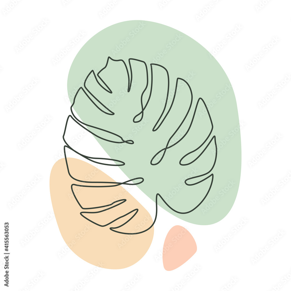 Fototapeta premium Botanical wall art vector with leaf monstera. Foliage palm leaves one line art drawing with pastel abstract shape. Minimalistic and natural wall art. Vector illustration