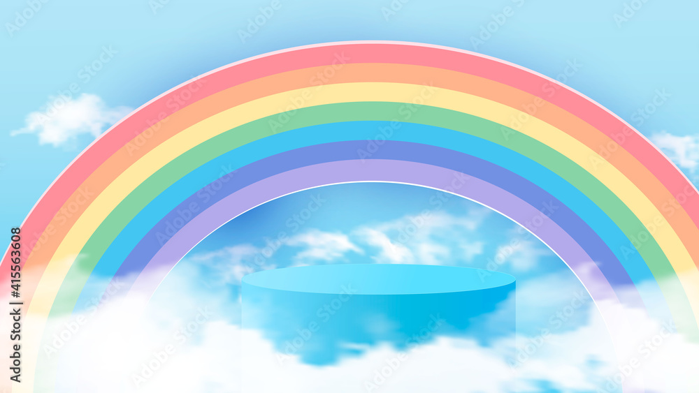 Background vector 3D blue rendering with podium and minimal cloudy scene. Minimal product display background 3d render of geometric shape sky blue cloud pastels and rainbow. Vector Background vector 3D blue rendering with podium and minimal cloudy scene. Minimal product display background 3d render of geometric shape sky blue cloud pastels and rainbow. Vector