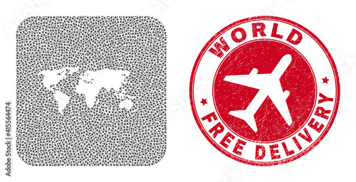 Vector collage world map of airplane elements and grunge Free Delivery stamp. Mosaic geographic world map designed as hole from rounded square with flying out airliners.