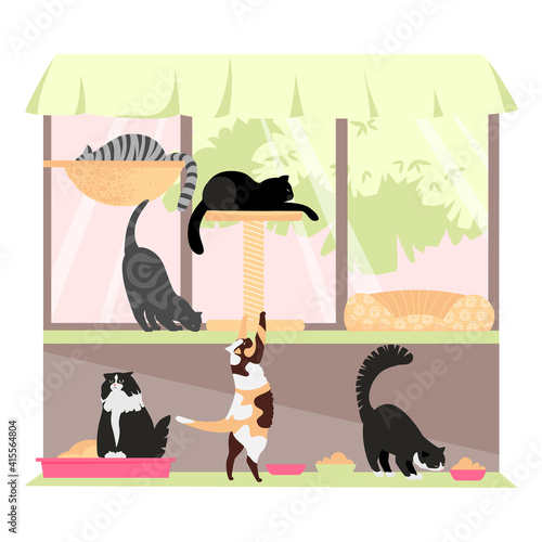 cat shelter. the cattery. cat cafe. vector illustration of cats of different breeds
