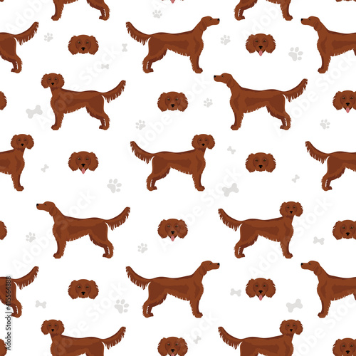 Irish setter seamless pattern. Different poses, coat colors set.