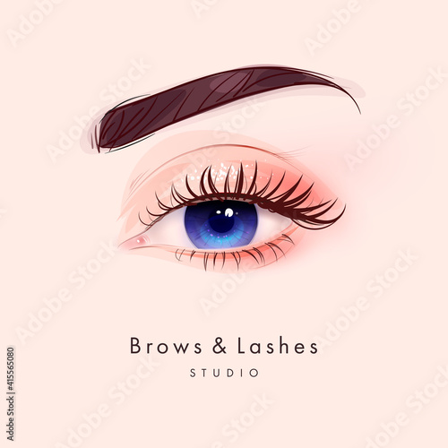 Canvas Print Hand drawn beautiful female eye with long black eyelashes and brows