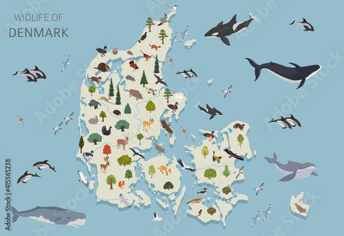 Isomatric 3d design of Denmark wildlife. Animals, birds and plants constructor elements isolated on white set. Build your own geography infographics collection