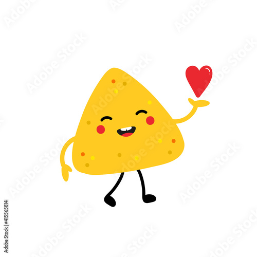 Cute cartoon style nachos, tortilla chip character holding in hand red heart. Love, appreciation and support concept.