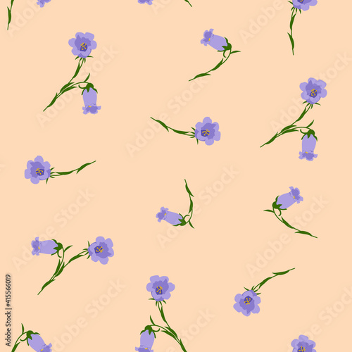 Seamless vector illustration with campanula in a beige background.