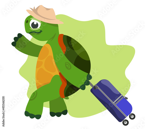 Turtle going with suitcase. Anthropomorphic animal in cartoon style.