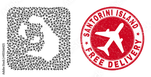 Vector mosaic Santorini Island map of jet vehicle elements and grunge Free Delivery seal stamp.