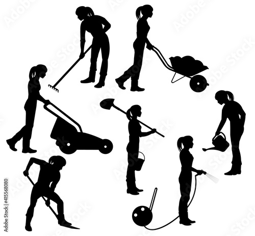 Isolated vector silhouettes of a girl gardener or farmer with gardening tools planting