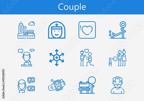 Premium set of couple line icons. Simple couple icon pack. Stroke vector illustration on a white background. Modern outline style icons collection of Bench, Parenthood, Nun, Ring, Old man, Badoo photo