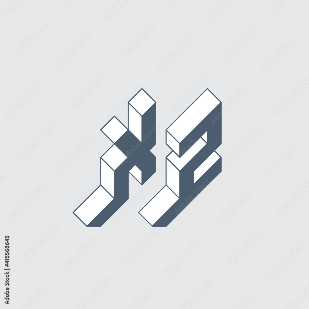 Three-dimension letter X and number 2. Isometric 3d font for design. XZ or X2 - monogram or logotype. Volume alphabet. Three-dimension letter X and number 2. Isometric 3d font for design. XZ or X2 - monogram or logotype. Volume alphabet.