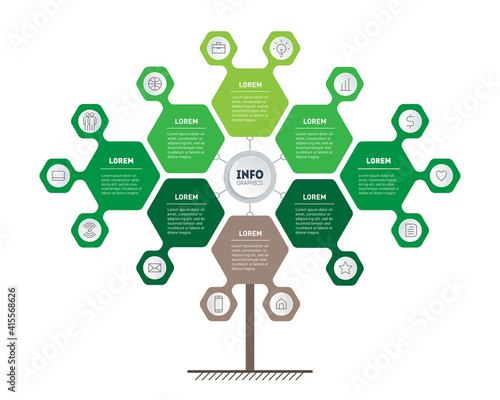 Sustainable development and growth of the eco business. Timeline of trends. Green Business concept with 8 options, steps or points and 14 icons. Iinfographics, research in science and technology.