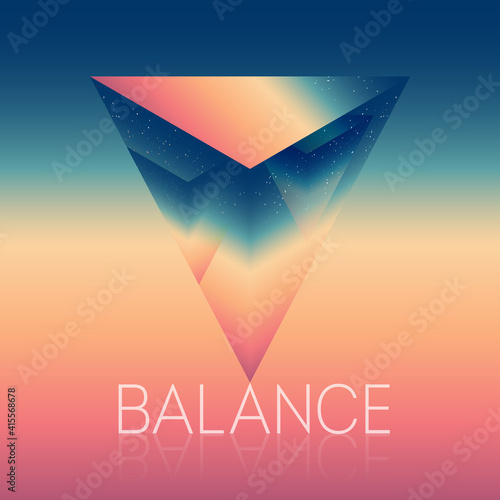 Concept of balance, vector illustration. Inverted pyramid standing on inscription "balance". A symbol of life balance, stability or skill.