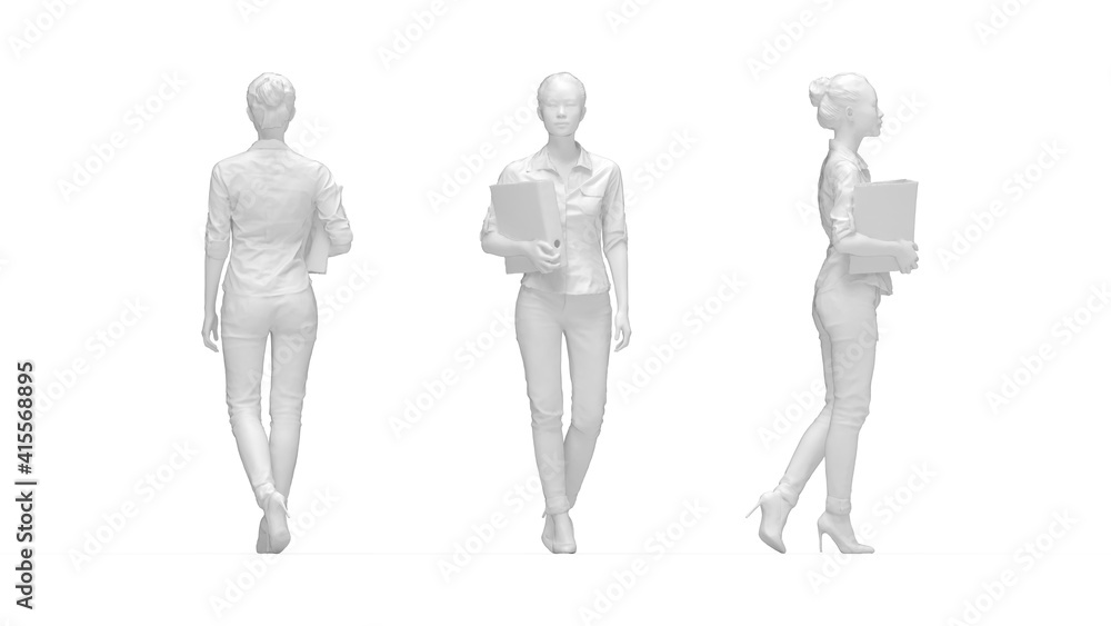 3D rendering of a business woman holding a binder isolated on a white background 3D rendering of a business woman holding a binder isolated on a white background
