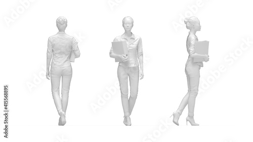 3D rendering of a business woman holding a binder isolated on a white background