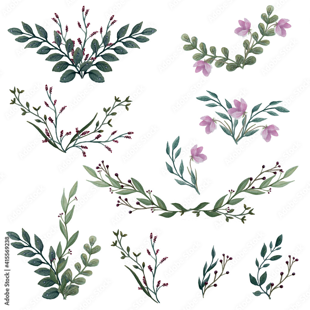 Watercolor floral illustration set green leaf branches collection for ...