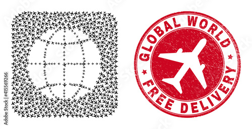 Vector mosaic planet globe of air plane elements and grunge Free Delivery badge. Mosaic geographic planet globe created as subtraction from rounded square shape with flying out airliners.