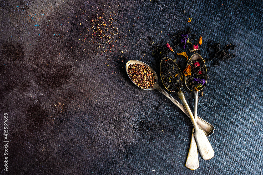 Variety of tea leaves in spoon Variety of tea leaves in spoon