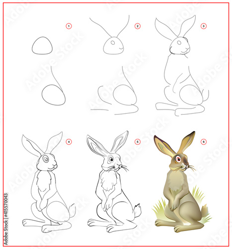 How to learn to draw hare. Educational page for children. Creation step by step animal illustration. Printable worksheet for kids school exercise book. Online education.
