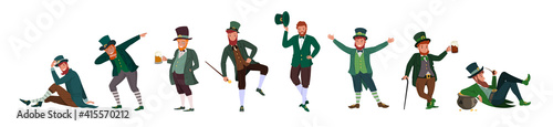 Irish fantastic character leprechaun set in different poses. Saint Patrick's day vector cartoon characters on white background
