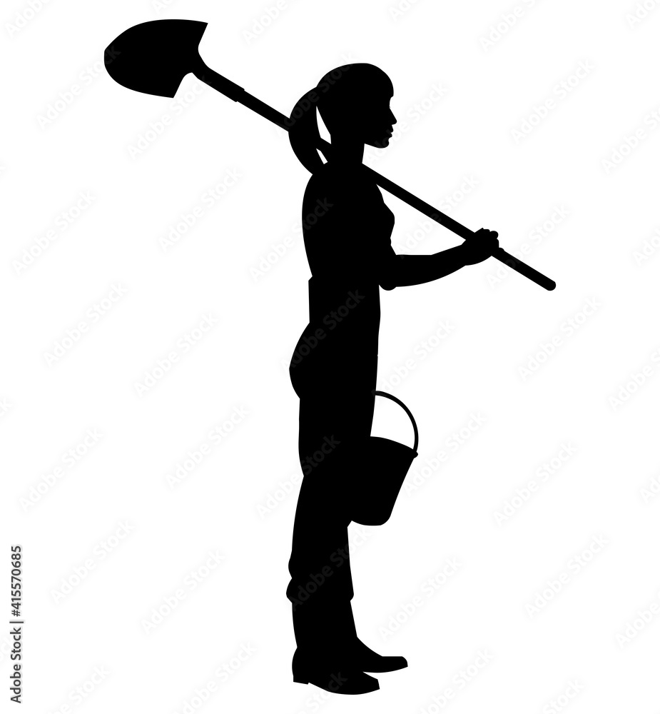 Girl gardener or farmer silhouette stands with a shovel and a garden bucket for planting