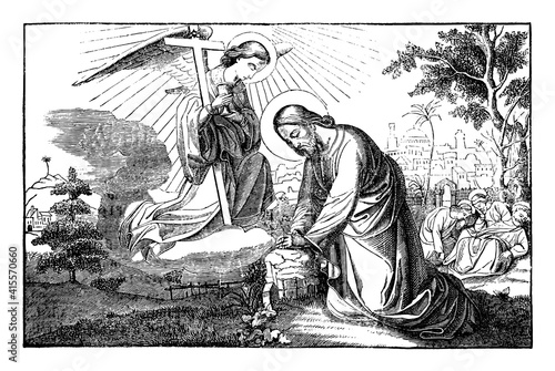 Jesus prays in Gethsemane and talking with angel. Disciples are falling to sleep.Vintage antique drawing. Bible, New Testament.