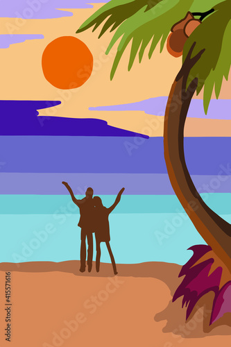 Summer blue sea, sun light ,warm beach, island landscape, vacation, love holiday, coconut trees, tropical sunset hawaii. Vector illustration