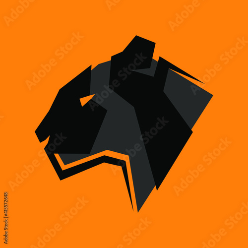 Abstract black panther head portrait side view symbol on orange backdrop. Design element
