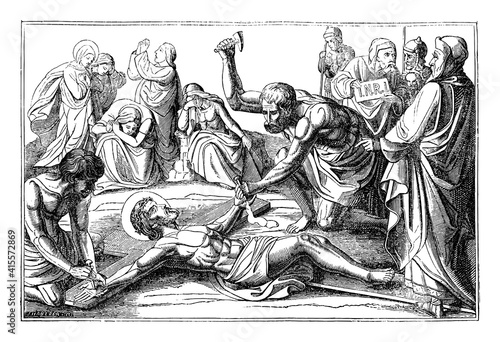Jesus is nailed to the cross. Crucifixion. 11th or eleventh station of the cross or way of the cross or via crucis.Vintage antique drawing. Bible, New Testament.