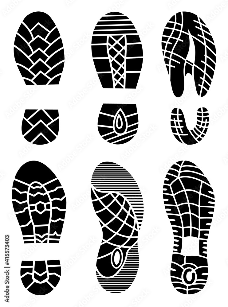 Footprint icons isolated on white background. art. Collection of a imprint soles shoes. Footprint sport shoes big illustration set Footprint icons isolated on white background. art. Collection of a imprint soles shoes. Footprint sport shoes big illustration set