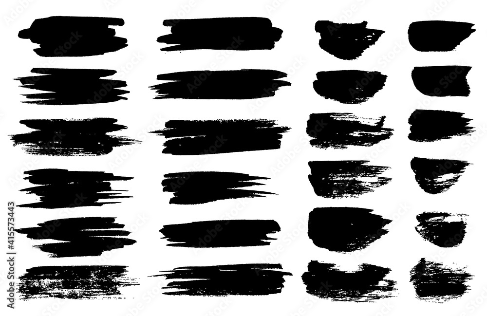 black paint brush spots, highlighter lines or felt-tip pen marker horizontal blobs. Marker pen or brushstrokes and dashes. Ink smudge abstract shape stains and smear set with texture