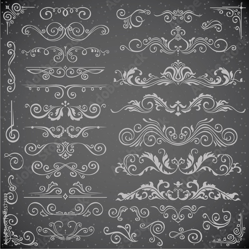 Dark set of Swirl Elements for Frame Design. Calligraphic page decoration  Labels  banners  antique and baroque Frames floral ornaments. Wedding