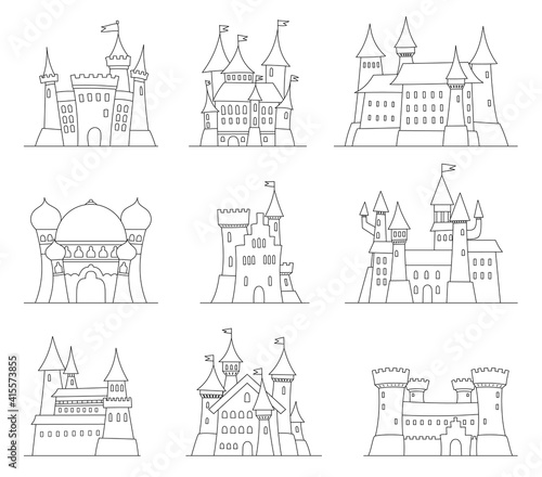 Castles and fortresses flat design icons. Set of 9 illustrations of ruins, mansions, palaces, villas and other medieval buildings.