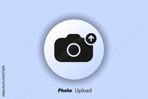 Photo upload icon, flat, camera icon, user interface icon, picture download button. Neomorphism. Vector EPS10