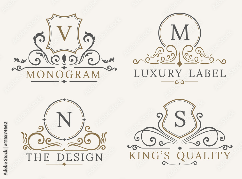 Luxury Logo Template. Shield Business Sign for Signboard. Monogram Identity Restaurant, Hotels, Boutique, Cafe, Shop, Jewelry, Fashion. Flourishes Calligraphic Ornament Elements