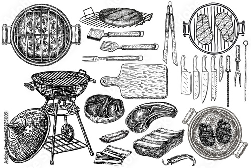 Set of barbecue elements drawn in vector. Meats top view frame. For the design of the menu of cafes and restaurants, shop windows related to the theme of grilled food. Engraved design.