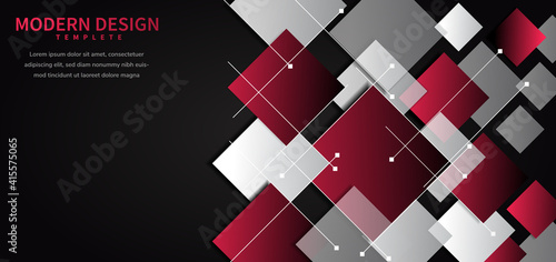 Abstract geometric background with square shape red and grey overlapping on black background.
