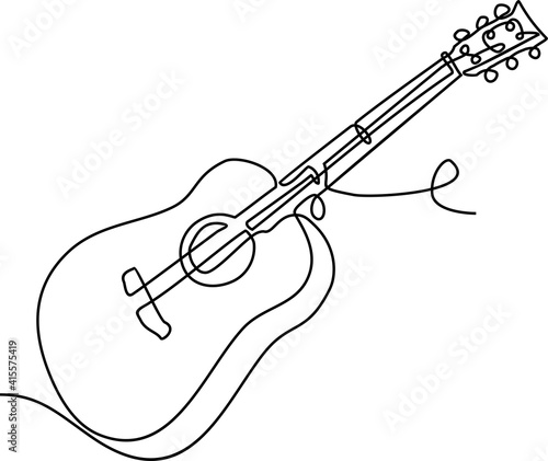 One line drawing of a musical stringed guitar instrument isolated on white background. Continuous one line drawing of classic guitar