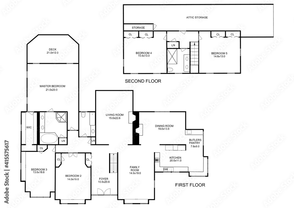 Set of groundfloor blueprints. 2d floor plan. Black&white floor plan
